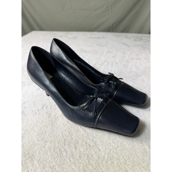 Y2K Leather Square Toe Midnight Navy Kitten Heels Shoes 8 Bow 2000s Preppy - Picture 1 of 4